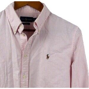 Ralph Lauren Men’s Large long Sleeve Button shirt Pink Striped Pony Custom Fit